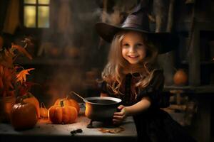 AI Generated Cute little girl in witch costume with pumpkins. Halloween concept. photo