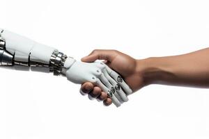 AI Generated Robot hand shaking human hand isolated on white background. High quality photo