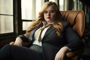 AI Generated A big woman business owner sitting in a chair in the office. High quality photo