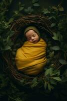 AI generated Cozy Nestling Newborn Photoshoot in Nature-Inspired Setting photo