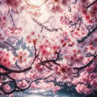 AI generated Hyper realistic Sakamura Cherry Blossom Tree Leaves Japanese Festival Morning Dew Osaka Tokyo photo