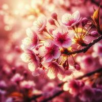 AI generated Hyper realistic Sakamura Cherry Blossom Tree Leaves Japanese Festival Morning Dew Osaka Tokyo photo