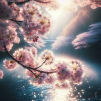 AI generated Hyper realistic Sakura Cherry Blossom Tree Leaves Japanese Festival Morning Dew Osaka Tokyo photo