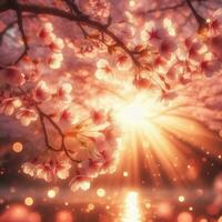 AI generated Hyper realistic Sakura Cherry Blossom Tree Leaves Japanese Festival Morning Dew Osaka Tokyo photo