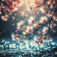 AI generated Hyper realistic Sakamura Cherry Blossom Tree Leaves Japanese Festival Morning Dew Osaka Tokyo photo