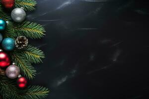 AI generated christmas holidays composition of fir tree branches with baubles copy space photo