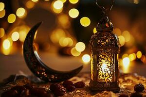 AI generated Ornamental Arabic lantern with burning candle glowing at night invitation for Muslim holy month Ramadan Kareem photo