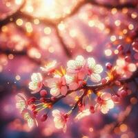 AI generated Hyper realistic Sakura Cherry Blossom Tree Leaves Japanese Festival Morning Dew Osaka Tokyo photo
