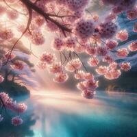 AI generated Hyper realistic Sakura Cherry Blossom Tree Leaves Japanese Festival Morning Dew Osaka Tokyo photo