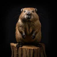 AI generated Studio portrait, beaver on stump close-up on black background. A large, cute rodent. Totem animal beaver on black background. photo