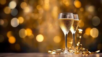 AI generated Two glasses of champagne with golden ribbons on bokeh background. photo