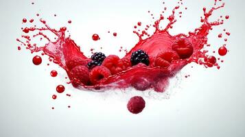 AI generated Red juice splash on a white background. Abstract bright berries and splashes close-up. photo