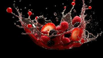 AI generated Splashes from berries close-up. Strawberry, raspberry and blackberry in water splash, isolated on black background. The berries are submerged in water and there will be a splash of water. photo