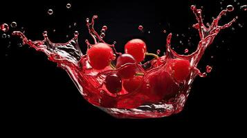 AI generated Cherries splashing into a glass of water on a black background. photo