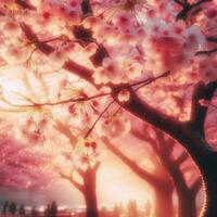 AI generated Hyper realistic Sakura Cherry Blossom Tree Leaves Japanese Festival Morning Dew Osaka Tokyo photo