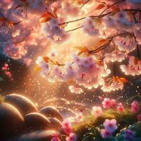 AI generated Hyper realistic Sakura Cherry Blossom Tree Leaves Japanese Festival Morning Dew Osaka Tokyo photo