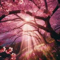 AI generated Hyper realistic Sakamura Cherry Blossom Tree Leaves Japanese Festival Morning Dew Osaka Tokyo photo