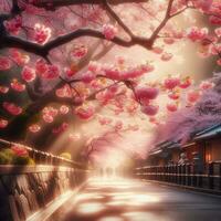 AI generated Hyper realistic Sakura Cherry Blossom Tree Leaves Japanese Festival Morning Dew Osaka Tokyo photo