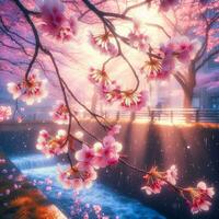 AI generated Hyper realistic Sakamura Cherry Blossom Tree Leaves Japanese Festival Morning Dew Osaka Tokyo photo