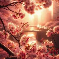 AI generated Hyper realistic Sakamura Cherry Blossom Tree Leaves Japanese Festival Morning Dew Osaka Tokyo photo