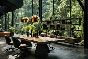 ai generado minimalista oficina espacio presentando natural acabados tal como madera o piedra, funcional mueble con un mínimo número de elementos, foto
