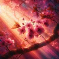 AI generated Hyper realistic Sakamura Cherry Blossom Tree Leaves Japanese Festival Morning Dew Osaka Tokyo photo