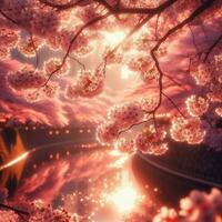 AI generated Hyper realistic Sakura Cherry Blossom Tree Leaves Japanese Festival Morning Dew Osaka Tokyo photo