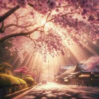 AI generated Hyper realistic Sakamura Cherry Blossom Tree Leaves Japanese Festival Morning Dew Osaka Tokyo photo