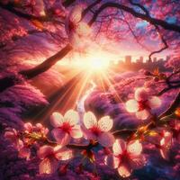 AI generated Hyper realistic Sakamura Cherry Blossom Tree Leaves Japanese Festival Morning Dew Osaka Tokyo photo