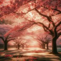 AI generated Hyper realistic Sakamura Cherry Blossom Tree Leaves Japanese Festival Morning Dew Osaka Tokyo photo