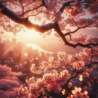 AI generated Hyper realistic Sakamura Cherry Blossom Tree Leaves Japanese Festival Morning Dew Osaka Tokyo photo