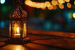 AI generated Ornamental Arabic lanterns. Glittering golden bokeh lights on the table photo