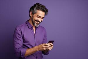 AI generated man looking at phone standing isolated on purple background photo