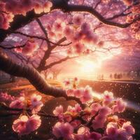 AI generated Hyper realistic Sakura Cherry Blossom Tree Leaves Japanese Festival Morning Dew Osaka Tokyo photo