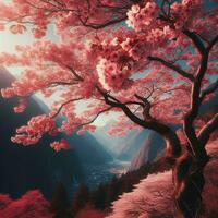 AI generated Hyper realistic Sakamura Cherry Blossom Tree Leaves Japanese Festival Morning Dew Osaka Tokyo photo