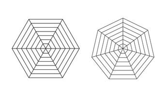 Set of radar or spider diagram template. Blank radar charts. Spider mesh. Polygon flat graphs. Diagram for statistic and analytic. Simple coaching tools. Grids with segments. Vector illustration. Eps.