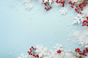 ai generado Navidad composición de abeto árbol ramas con adornos en ligero azul antecedentes foto