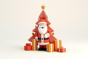 AI generated 3d rendered minimal santa clause with christmas tree and gifts on pastel background photo