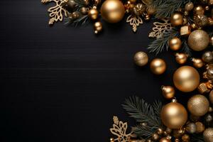 AI generated Christmas composition of branches with baubles and gifts with copy space photo