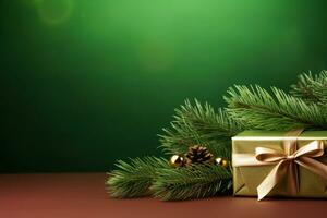 ai generado verde regalo caja con Navidad ornamento en verde antecedentes foto