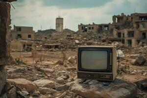AI Generated An old TV set against the backdrop of a ruined city. The concept of catastrophic influence on people using television. Generative AI photo