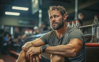 ai generado muscular atleta descansando Entre conjuntos y ejercicios en el gimnasio foto