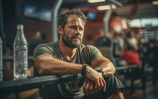 ai generado muscular atleta descansando Entre conjuntos y ejercicios en el gimnasio foto