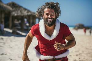 ai generado atractivo muscular joven hombre vistiendo un Papa Noel claus prenda corriendo a playa y sonriente a el cámara foto