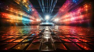 AI generated Concert hall disco 80s. A shimmering disco ball, neon lights, colorful stage photo