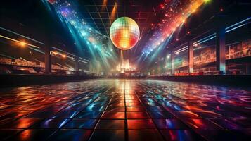 ai generado concierto salón disco años 80 un reluciente disco pelota, neón luces, vistoso etapa foto