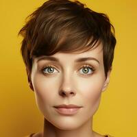 AI generated Close-up fashion studio photo of an elegant brown-haired woman with a fashionable short haircut isolated over yellow background
