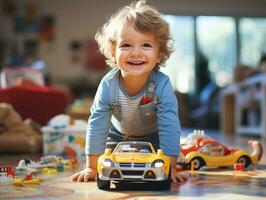 AI generated kid boy toddler playing with toy car photo