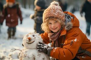 AI generated Child build snowman in falling snow photo
