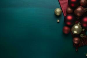 AI generated christmas holidays composition of fir tree branches with baubles and copy space photo